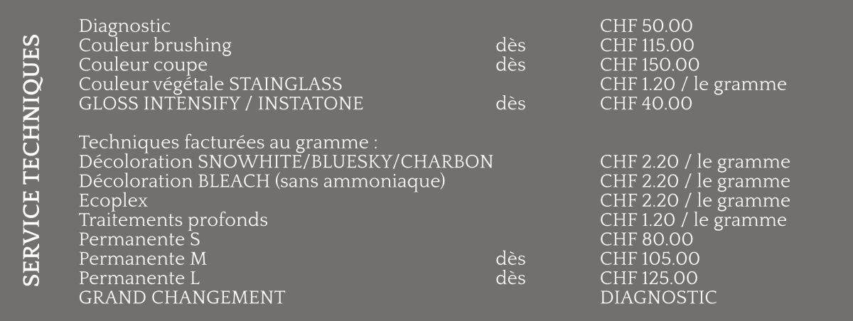 Grille tarifaire Techniques — Alex Coiffure